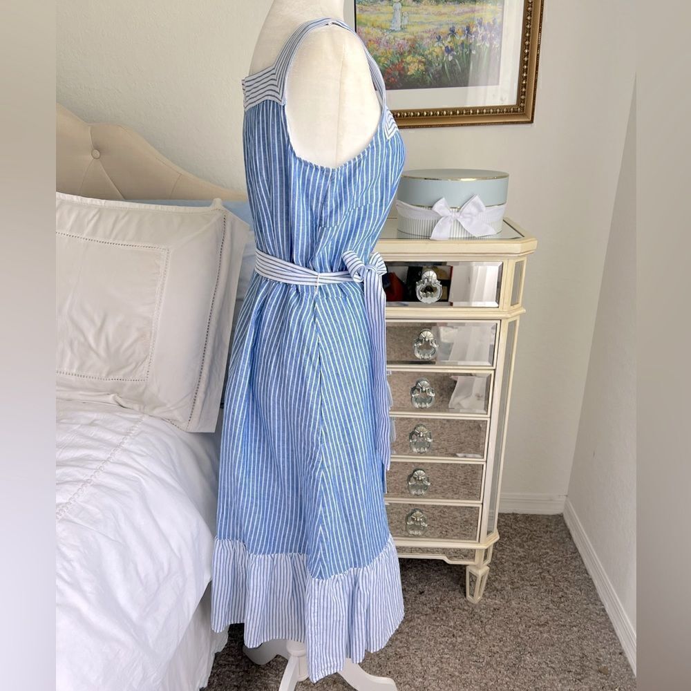 Talbots STRIPE TIE WAIST LINEN MIDI DRESS - Picture 7 of 8
